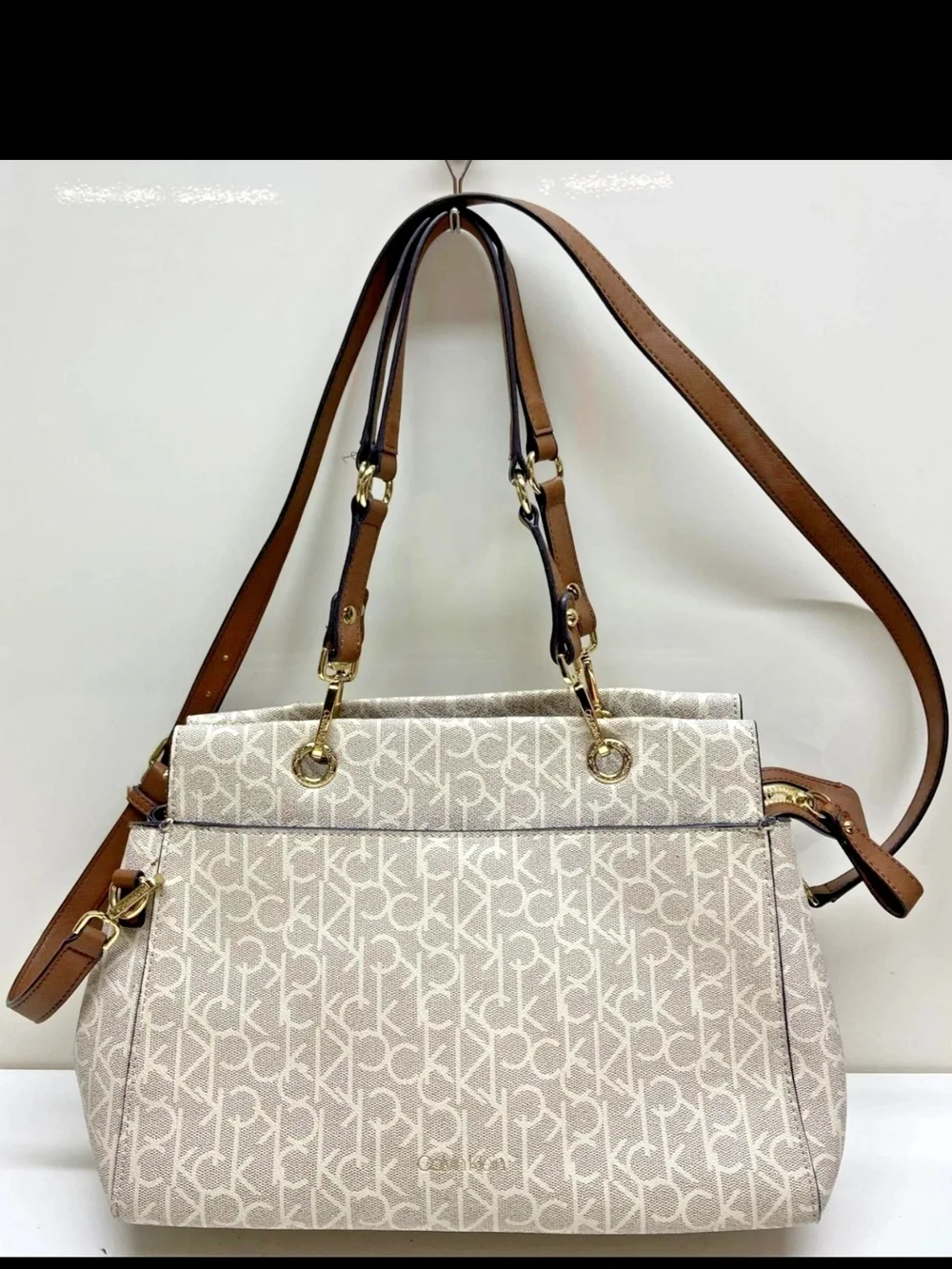 Calvin Klein Cream Monogram Satchel with Brown Straps Sonoma Collection